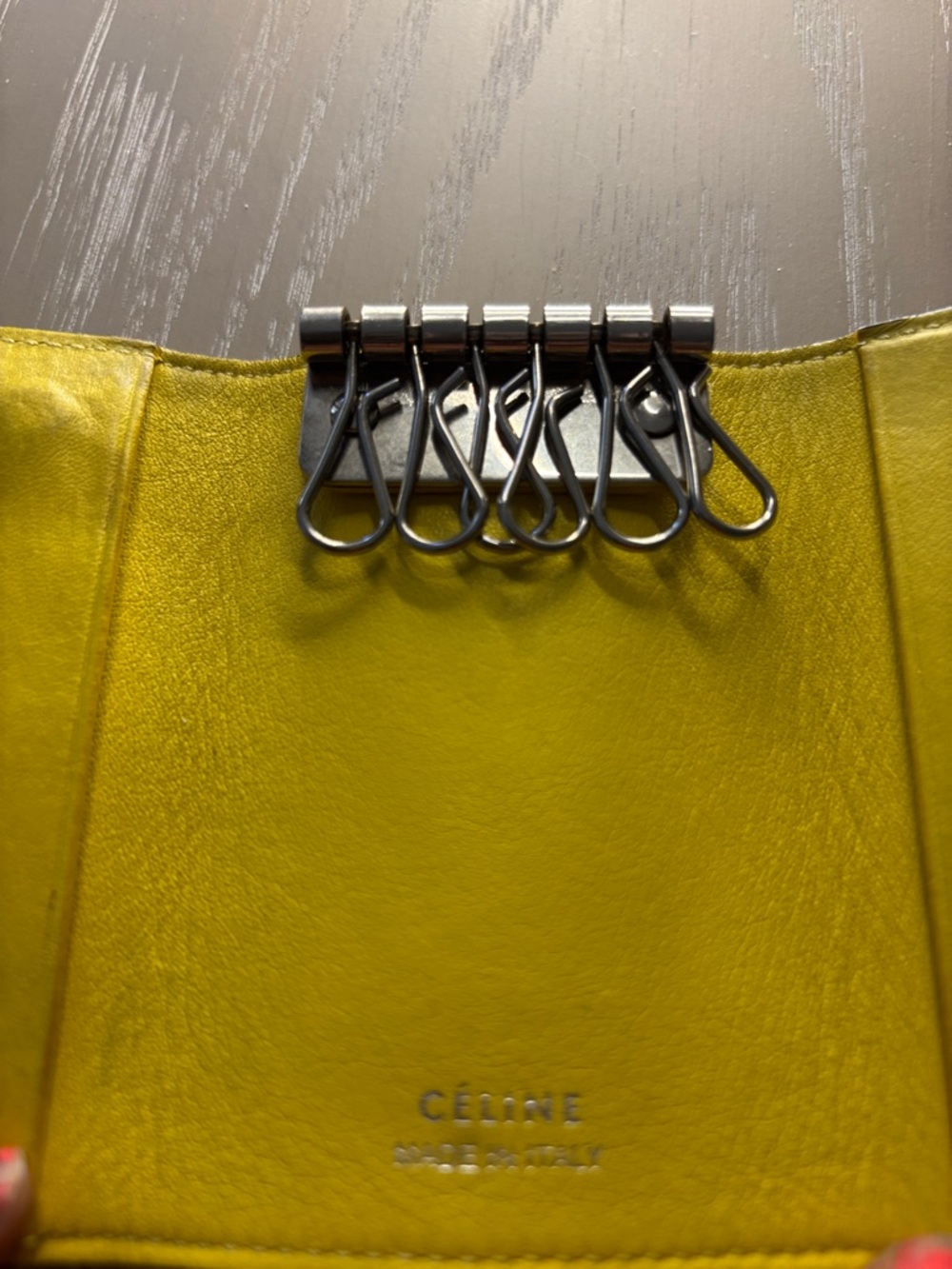 Celine Gray Leather Card & Key Folio with Yellow Trim